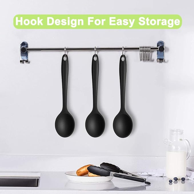 Beieverluck 6 Pack Large Silicone Cooking Spoons 10.8'' Heat Resistant Kitchen Spoons for Cooking Silicone Serving Stirring Mixing Spoons, black