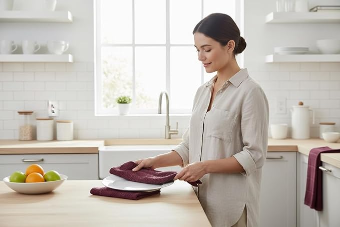 Serafina Home Purple Burgundy Wine Kitchen Hand Dish Towels: Oversized 28" x 18",100% Cotton Cloth Soft Cleaning Drying Absorbent Textured Design, Set of 3 Multipurpose for Everyday Use (Wine)