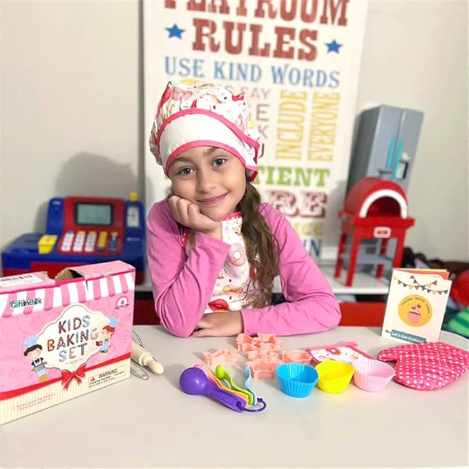 GIFTINBOX Kids Cooking and Baking Chef Set, 25PCS with Kids Apron,Chef Hat & Utensils ids Cooking Set, Toddler Dress Up and Pretend Play Kitchen Toys, Birthday Toys for 3 4 5 6 7 8 Year Old Girls