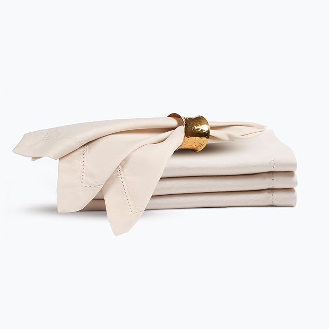 Cloth Dinner Napkin Set of 4 20x20 Inches - Beige, Decorative Hemstitched Spring Premium Polyester Cloth Dinning Napkins Ideal for Kitchen, Wedding, Easter | Washable BBQ Parties Napkin for Daily Use