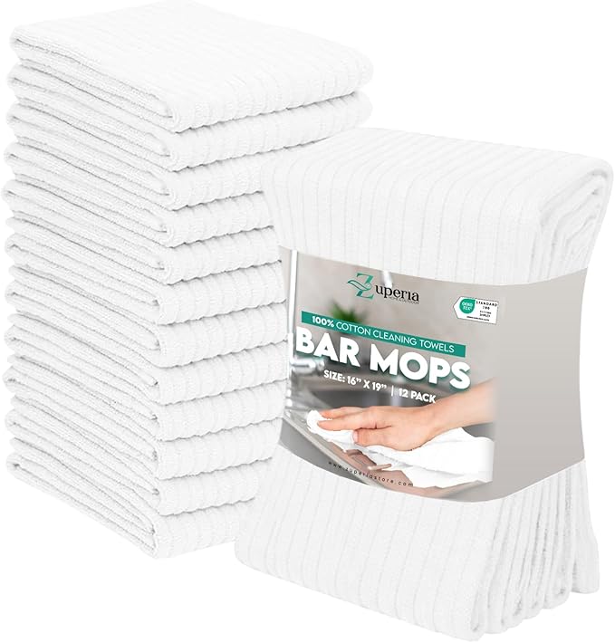 ZUPERIA Bar Mop Kitchen Towels - Pack of 12 (16"x19”) 100% Ring Spun Cotton - Dish Washcloths For Superb Cleaning and Less Lint - Highly Absorbent Dish Cloths and Dish Towels For Everyday use (White)