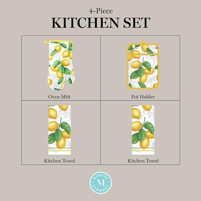 Martha Stewart Lots of Lemons Modern Kitchen Towel, Oven Mitt & Potholder Set, 4-Pack, White-Yellow
