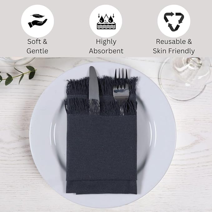 Cloth Dinner Napkins Fringes 20x20 Inch 100% Cotton Set of 6 - for Dining Special Occasions Wedding Holidays Easter - Soft Durable Washable - Elegant Table Cloth Napkins Charcoal Grey