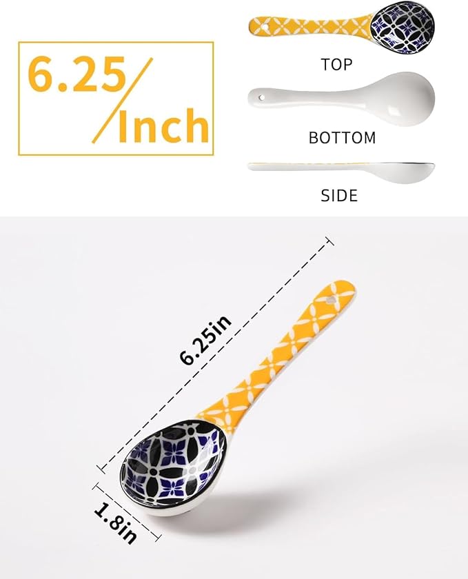 Metahom Ceramic Small Serving Spoons, Colorful Soup Spoon Set for Cereal, Yogurt, Dips, Ice Cream, Ramen, Dishwasher & Microwave Safe, Cute Decorative Spoon Set of 6