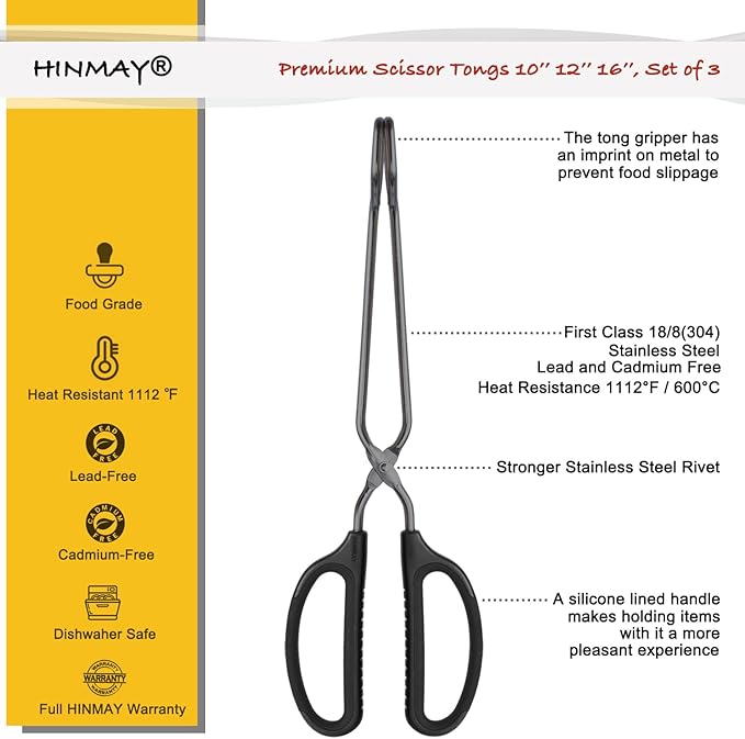 HINMAY 10" 12" 16" Stainless Steel Kitchen Tongs Set, Non-Slip Comfortable Grip Scissor Tongs for Cooking, Grilling & Serving, Set of 3
