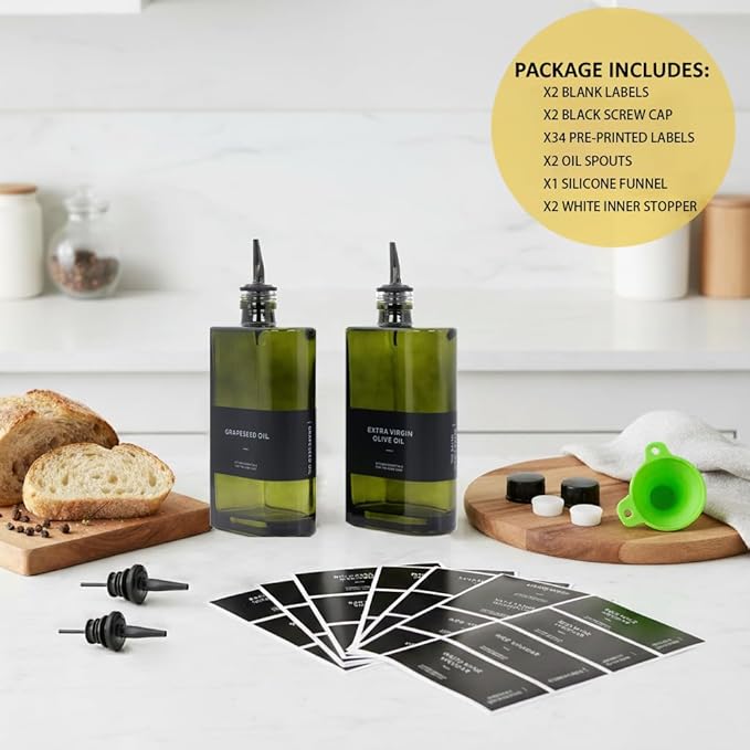 2-in-1 Oil Dispenser & Sprayer 2-Pack, Dark Glass Olive Oil Bottle with Stainless Steel Pourer, Oil Container, Oil & Vinegar Set, Light-Blocking Kitchen Countertop Accessory (Green)
