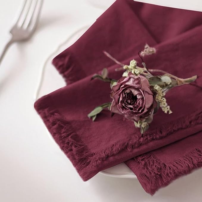Handmade Cloth Napkins 100% Cotton Napkins with Fringe，Delicate Handmade Cloth Napkins for Dinners, Parties, Weddings and More，18 x 18 Inch Set of 12 - Burgundy