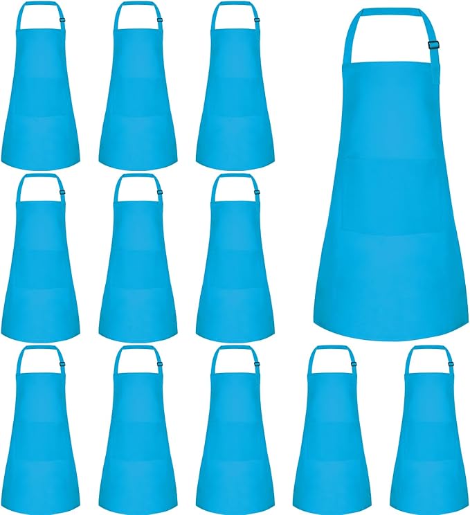 12 Pack Kids Apron Bulk with 2 Pockets Adjustable Chef Art Apron Kids Painting Aprons for Cooking Baking Painting Crafting Grilling Activity（Blue）