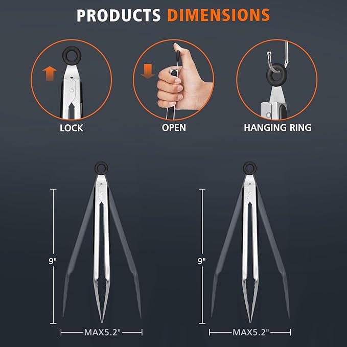 Hotec Stainless Steel Kitchen Tongs, Set of 2-9" and 12", Locking Metal Food Tongs for Cooking, Serving, BBQ, Grill Non-Slip Grip