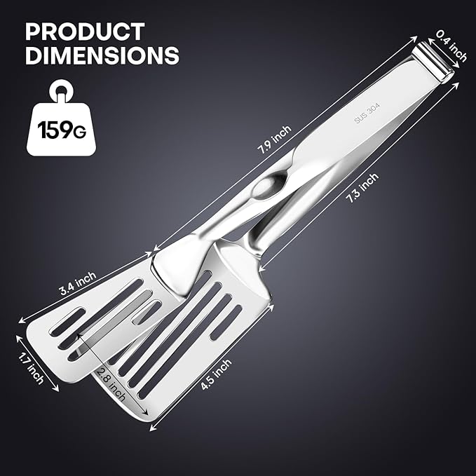 Nezylaf 2-in-1 Spatula Tongs, 11.8 Inch 304 Stainless Steel Kitchen Tongs for 12 Inch Cooking Use, Detachable Metal Tongs with Oil Drain Holes for Grilling Frying Steak
