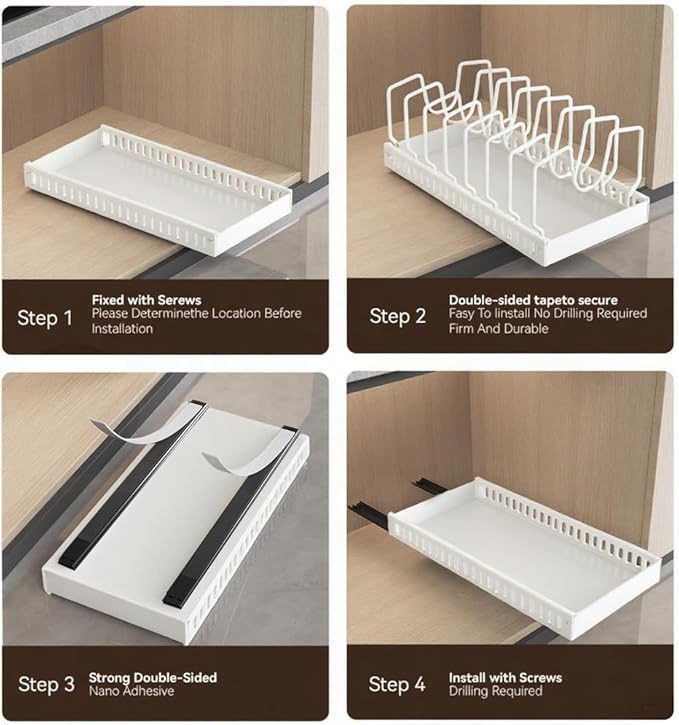 Pull-Out Pots and Pans Organizer, 2 Pack Under Cabinet Pot Lid Holder, Slide Lid Organizers Inside Cabinet, Pot Lid Organizer for Kitchen, Bakeware, Dishes, 8 Adjustable Dividers - White