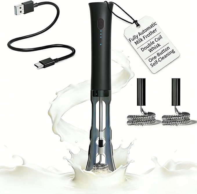 Milk Frother Handheld Rechargeable, Low Noise Electric Coffee Frother Wand with Stand, Stainless Steel Shaft, Anti-Accidental Start, 2 Double Coil Whisks, Kitchen Gifts
