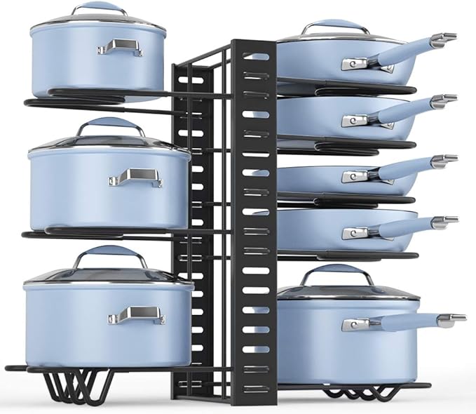 Felibeaco Adjustable Pots and Pans Organizer Rack for Cabinet, Metal Pans Pots Lids Storage Holder Rack with 3 DIY Methods for Kitchen, Counter,Black