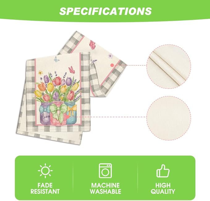 Artoid Mode Buffalo Plaid Vase Lavender Tulip Spring Table Runner, Seasonal Kitchen Dining Table Decoration for Home Party Decor 13x48 Inch