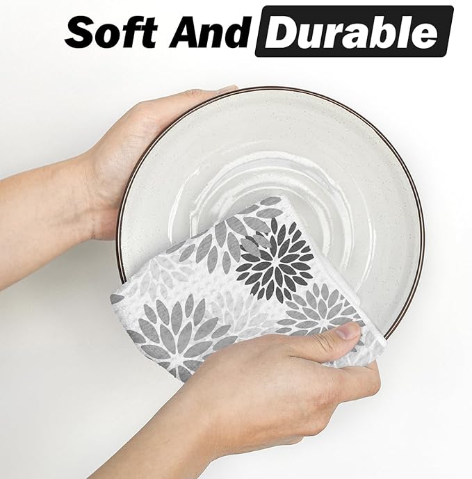 Artoid Mode Grey Dahlia Floral Kitchen Towels Dish Towels, 18x26 Inch Quick Dry Microfiber Cloth Hand Towels for Kitchen Drying Set of 2