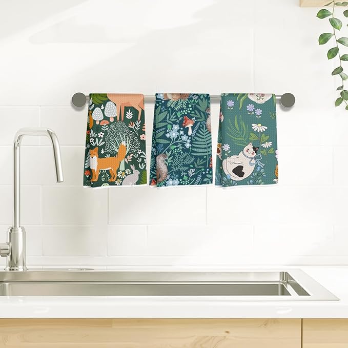 3Pcs Cat Kitchen Towels 24x14 Inch, Squirrel Fox Deer Decor Microfiber Reusable Tea Towels for Kitchen Bathroom Farmhouse, Durable Waffle Weave Dish Drying Towel, Floral Gifts for Women Mom Friend