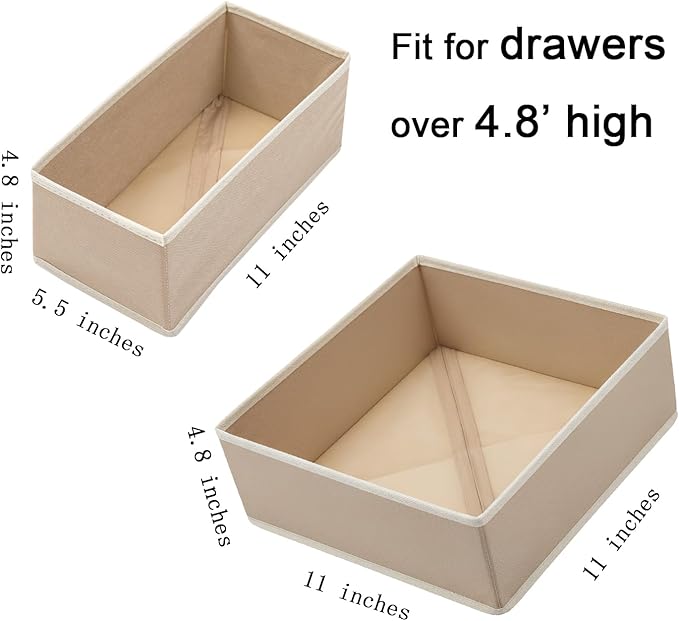 Bructhun Drawer Organizer Set of 4 Beige - Fabric Storage Bins for Clothes, Underwear, Socks & Bras - 11" Dresser Dividers for Bedroom Closet