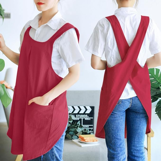 NEWGEM Japanese Cotton Linen Cross Back Cooking Apron for Women Men with Pockets Cute for Baking Kitchen