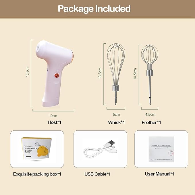 Electric Hand Whisk, USB Rechargeable, Wireless Portable Egg Beater with 2 Detachable Whisks with 3 Speed Modes for Eggs/Milkshake Cream/Butter/Baby Food, Fit for Kitchen/Camping/Gifts (White)