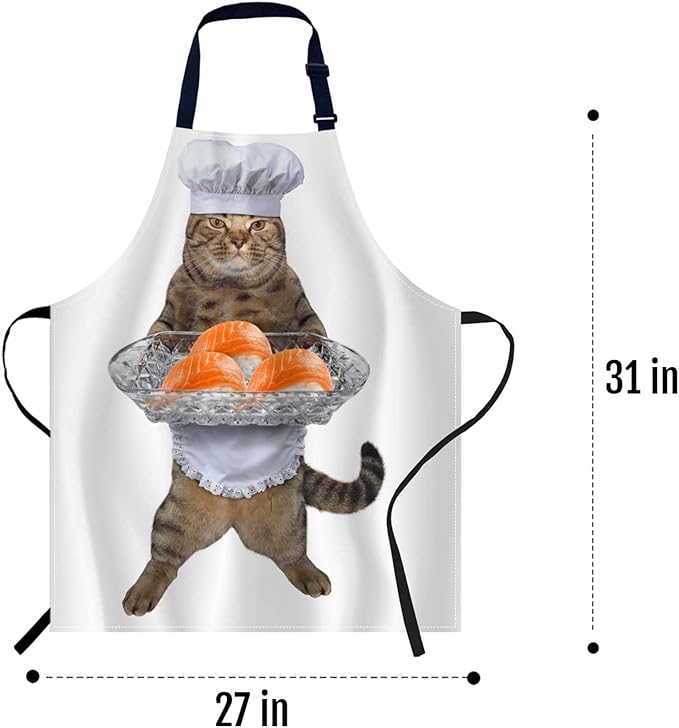 oFloral The Chef Cat Holds a Sushi Tray Apron Adjustable Apron Cooking Kitchen Chef Women Men Aprons for Home Kitchen, Restaurant, Coffee House, Baking Gardening BBQ
