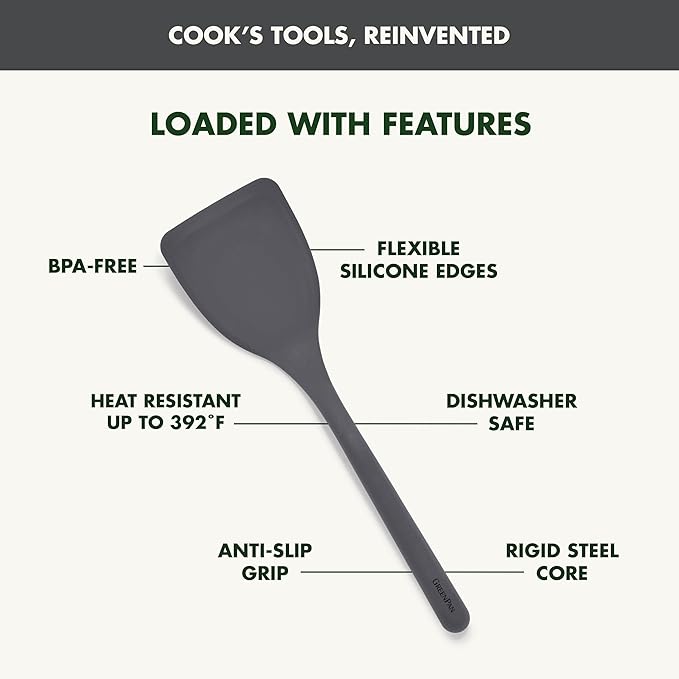GreenPan Silicone Solid Turner Spatula, Flipping Cooking Kitchen Utensil, Flexible Rubber Nonstick Cookware, Rigid Steel Core, Heat-Resistant, Anti-Slip Handle, BPA-Free, Dishwasher Safe, Gray