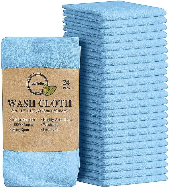 Softolle 100% Cotton Washcloths 24 Pack (12x12 Inches) Soft, Highly Absorbent Washcloth, Face Towels, Wash Cloths for Face, Ring Spun, Bulk Pack (Sky Blue)
