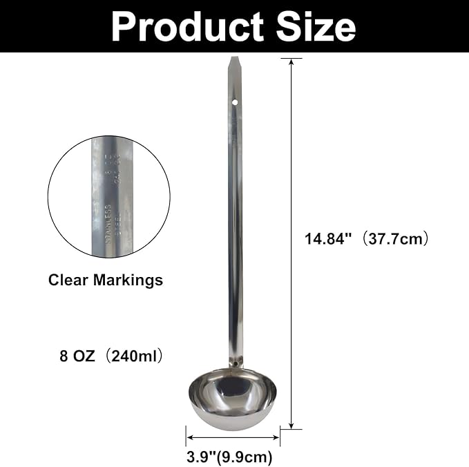 8 Oz Stainless Steel Ladle, 3 Pcs Sturdy Soup Ladle, 15" Long Handle Length for Stirring, Portioning and Serving Soup and Stew in Restaurants and Home (3.9" Bowl Diameter）