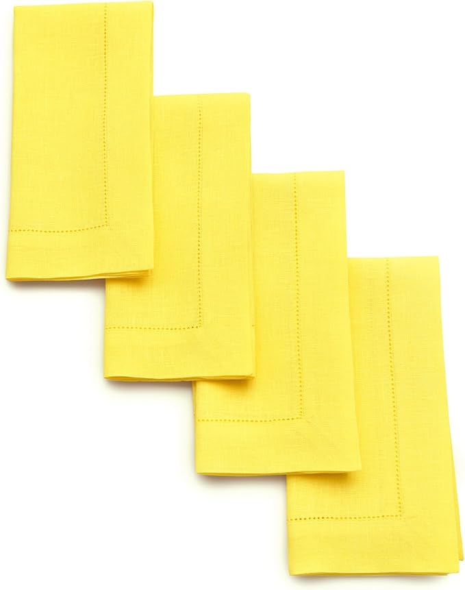 Solino Home Sunshine Yellow Linen Napkins Set of 4-100% Pure Linen Hemstitch Dinner Napkins 20 x 20 Inch for Spring, Summer, Mothers Day - Classic Hemstitch