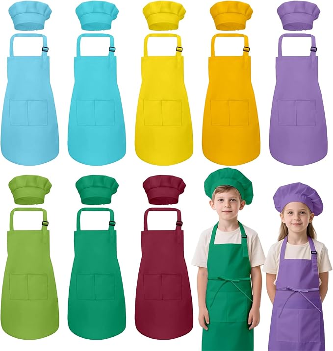 Kids Apron and Chef Hat Set, 16 Pieces Boys Girls Kids Apron with 2 Pockets Adjustable for Cooking Classroom Baking Painting, 6-13 Years, Bright Color