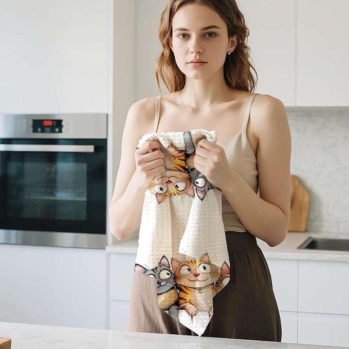 Jztco 2 Pcs Cute Cat Kitchen Towels, Cats Soft Absorbent Hand Tea Towel, Microfiber Dish Cloths for Drying Dishes, Waffle Dish Towels for Kitchen Bathroom Decor, Cat Lover Gifts for Women Mom Grandma