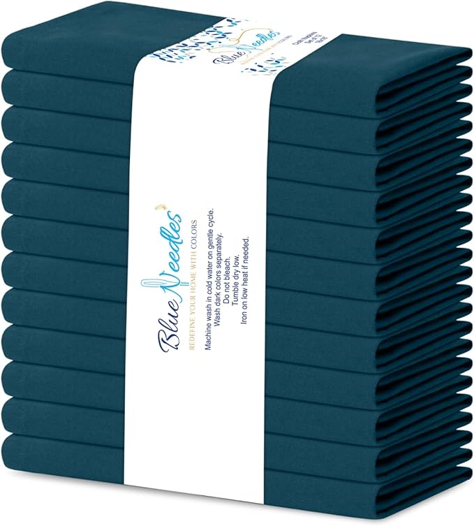 Blue Needles Solid Cloth Napkins Set of 12 Crystal Teal 100% Cotton Dinner Napkins 18x18 inches - Soft, Reusable, Absorbent & Washable Linen, Ideal for Spring Summer Easter Parties & Everyday Use