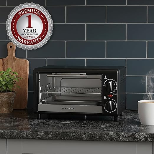 OVENTE 8L Countertop Toaster Oven with 60-Minute Timer, Adjustable Temperature Control, Easy-to-Clean Baking Pan, 750W Compact Mini for Pizza, Toast, Bake, and Broil, Black TO2808B