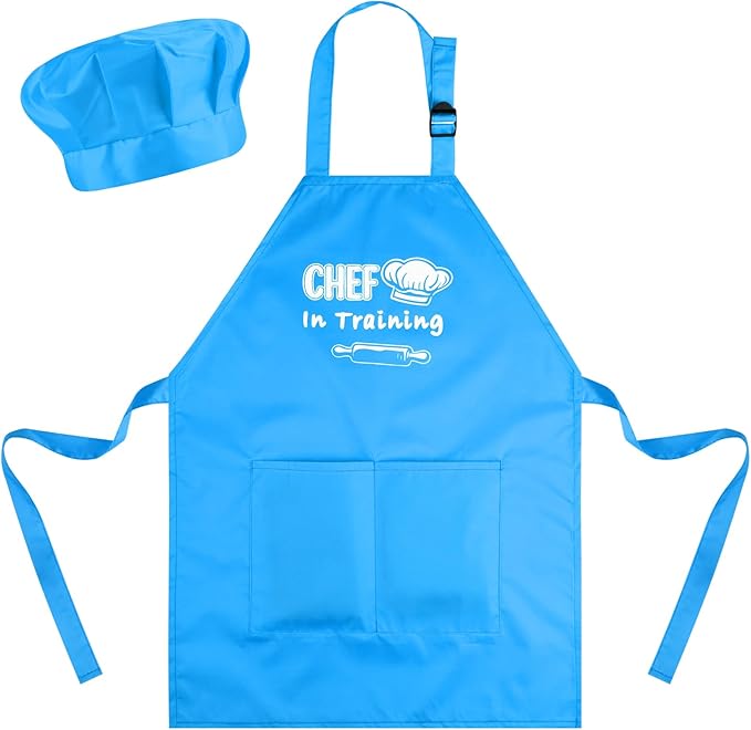 Kids Apron and Chef Hat Set Adjustable Child Aprons with 2 Large Pockets for Girls Boys Cooking Baking Painting Gift