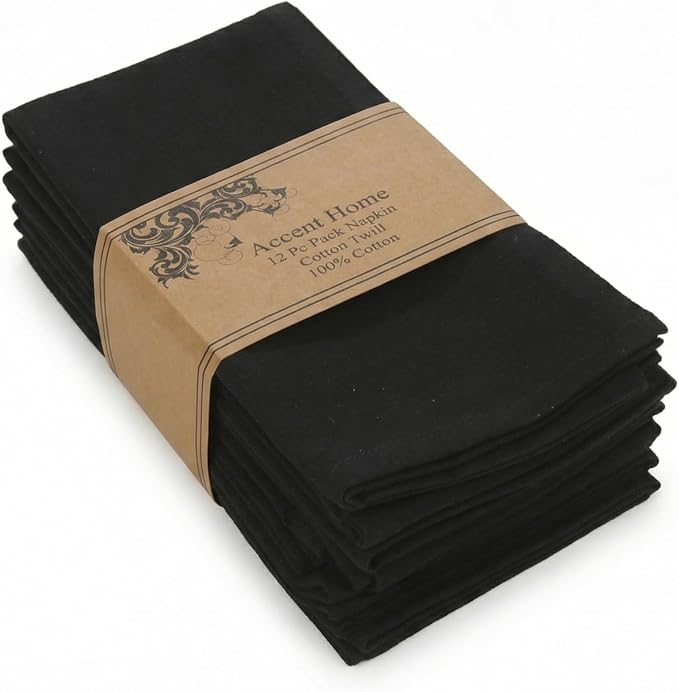 ACCENTHOME Accent Home 100% Cotton Napkins, Delicate Cloth Napkins for Dinners, Parties and Weddings，18 x 18 Inch Set of 12 - Black