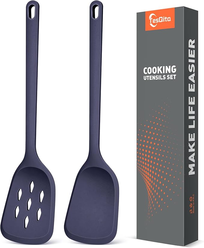 Silicone Cooking Spatula&Slotted Spatulas, Pack of 2,Solid Turner Kitchen Utensils Set for Cooking,Frying, Baking, Flipping, Turning,Heat Resistant 450℉ (BLUE)
