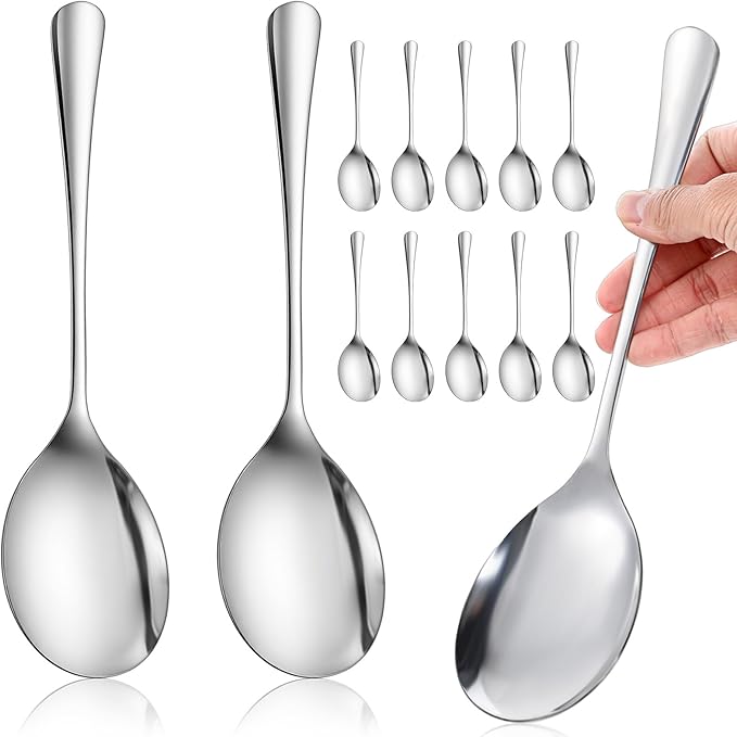 10 Pcs Large Serving Spoons Set, 9.76 Inches Stainless Steel Spoons Solid Silver Serving Utensils Big Ladle Tablespoons for Parties Buffet Catering Banquet Kitchen Basics Dishwasher Safe