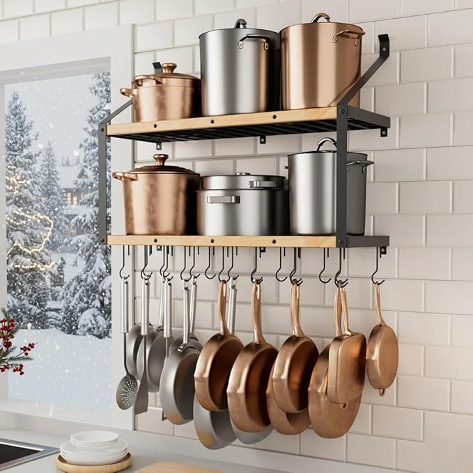 KES 132lb Heavy Duty Hanging Pot Rack Wall Mounted, 34 Inch Solid Wood Pot Rack Wall Mounted with 20 Sturdy Hooks, 2-Tier Wooden Pots Hanger Organizer Matte Black, KUR529S85B-BK