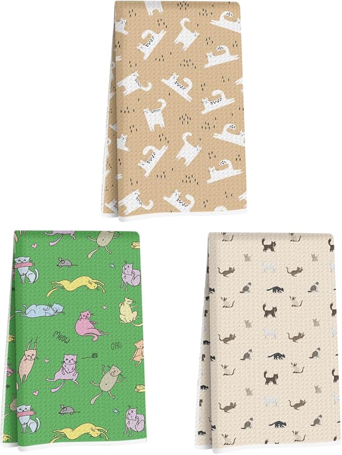 3 Pcs Cat Kitchen Towels, Cats Decorative Absorbent Microfiber Dish Cloth Tea Towel, Durable Waffle Hand Towels for Farmhouse Home Bathroom, Cat Lover Gifts for Women