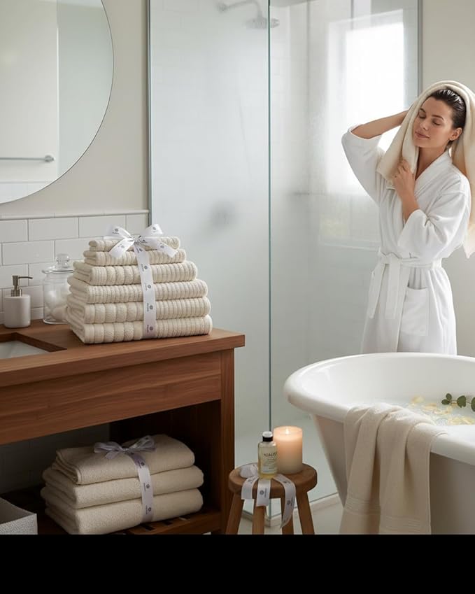 BIOLINEN 6-Piece Luxury Towel Set Ivory - 2 Bath Towels, 2 Hand Towels, 2 Washcloths - Soft Absorbent Cotton Towel Pack for Bathroom, Home, Gym & Travel
