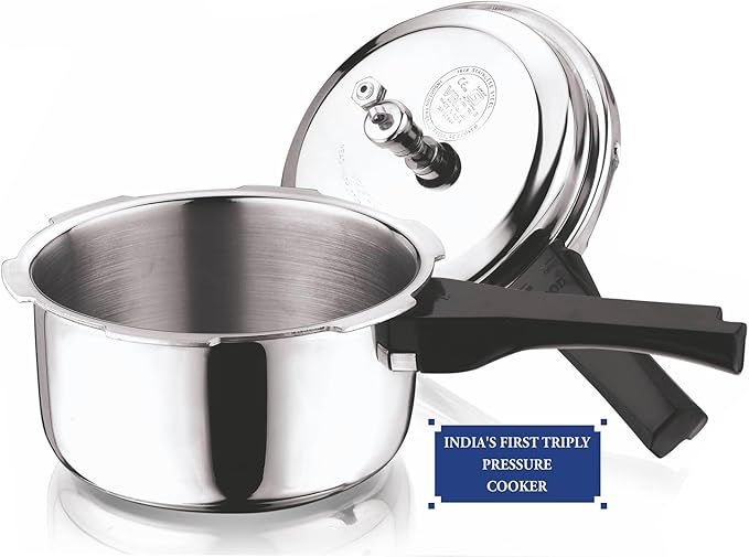 Vinod Platinum Triply Stainless Steel Outer Lid Pressure Cooker -68 oz , Induction Friendly, ISI Certified, Small Pressure Cooker for Quick Meals, Silver