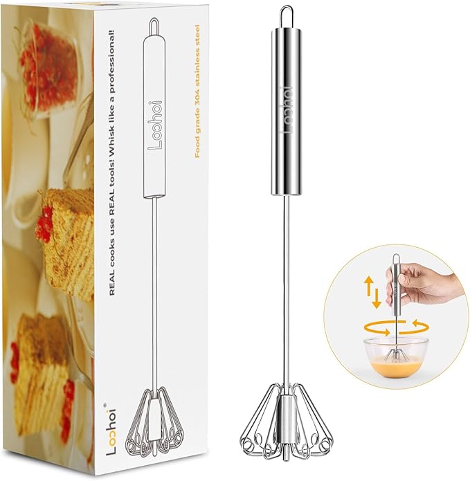 Upgraded Stainless Steel Semi-Automatic Whisk - Easy to Use Whizzy Whisk, Versatile Wisker Tool for Cooking, Kitchen Essential Egg Beater for Baking, Whisking, Beating & Stirring (10in）