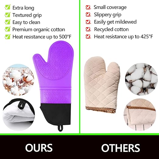 Silicone Oven Mitts and Pot Holders Sets, MTZRFLL Extra Long Heat Resistant Oven Gloves with Hot Pads and Mini Oven Mits Set for Kitchen Cooking Baking, Soft Quilted Lining, Pack of 6 (Purple)