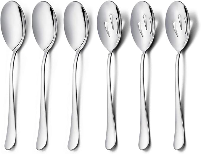 HaWare Serving Spoons X 3, Slotted Serving Spoons X 3, 9.8 inches Large Size Stainless Steel Serving Spoon, Elegant Design for Kitchen/Buffet/Party, Mirror Polished and Dishwasher Safe(6 Pack)