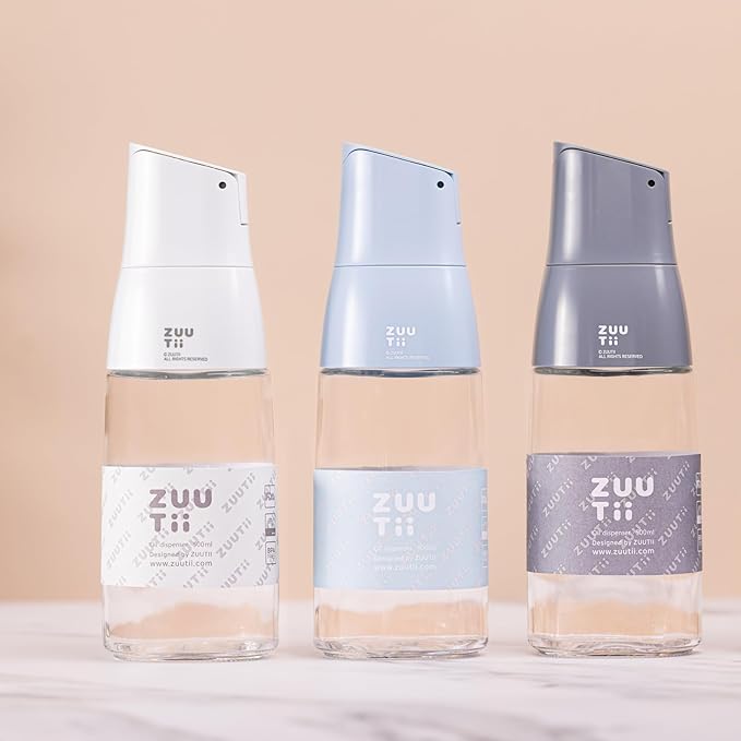 Zuutii Olive Oil Dispenser Bottle - Drip Free Spout for Kitchen, Glass, Cooking Oil & Vinegar, Light Gray