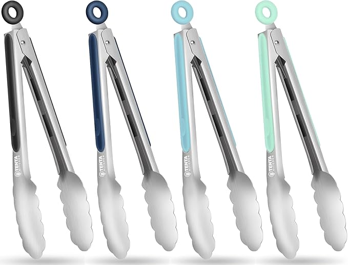 Tongs for Cooking, 9-Inch Stainless Steel Kitchen Tongs, Locking Metal Food Tongs with Silicone Non-Slip Grip, Kitchen Utensils for Food, Salad and Outdoor BBQ (Set of 4)