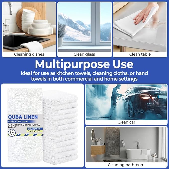 QUBA Linen - Bar Mops Towels, 12 Pack Premium Quality 100% Cotton, Size 16x19 Highly Absorbent and Multi-Purpose Cleaning Rags - Terry Towels for Home and Kitchen Machine Washable bar mops (12)