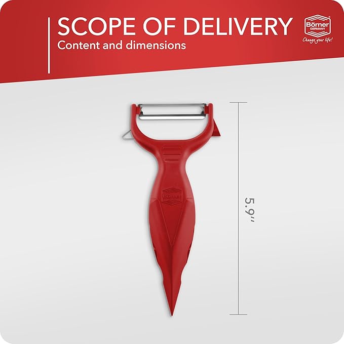 Borner 6-in-1 Fruit and Vegetable Peeler with Stainless Steel Double-Edged Blade, Multi function with Corer, Potato Eye Remover and Mini Grater, Made in Germany, Red