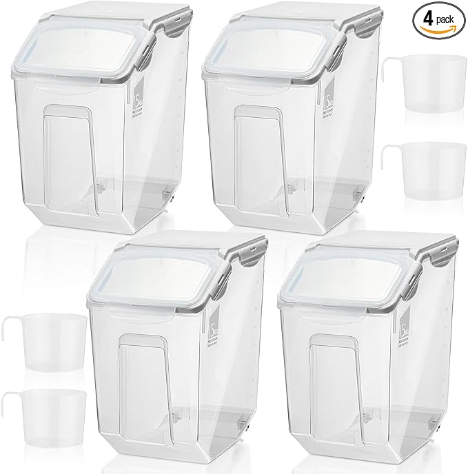 Umigy 4 Pack Rice Storage Container With Wheels Plastic Airtight Lid Flour Container Bin for Dog Pet Cereal Grain Dry Food, 15 Liter / 30 lbs