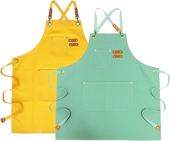 Chef Apron with Large Pockets for Women Men, Cotton Canvas Cross Back Water Repellent Adjustable Work Apron