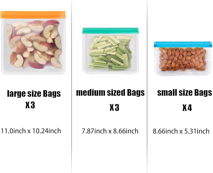10 Pack Reusable Snack Bags, Extra Thick BPA Free, Dishwasher & Freezer Safe Food Storage Bags for Lunch, Snacks & Home Organization (Multicolor, 10 Pack-3 Gallon 3 Sandwich 4 Snack)